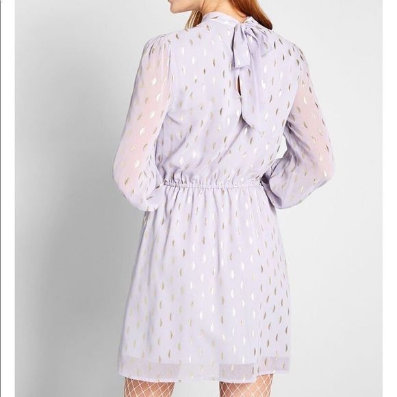 Chiffon lavender mock neck dress with gold accents - Picture 5 of 6